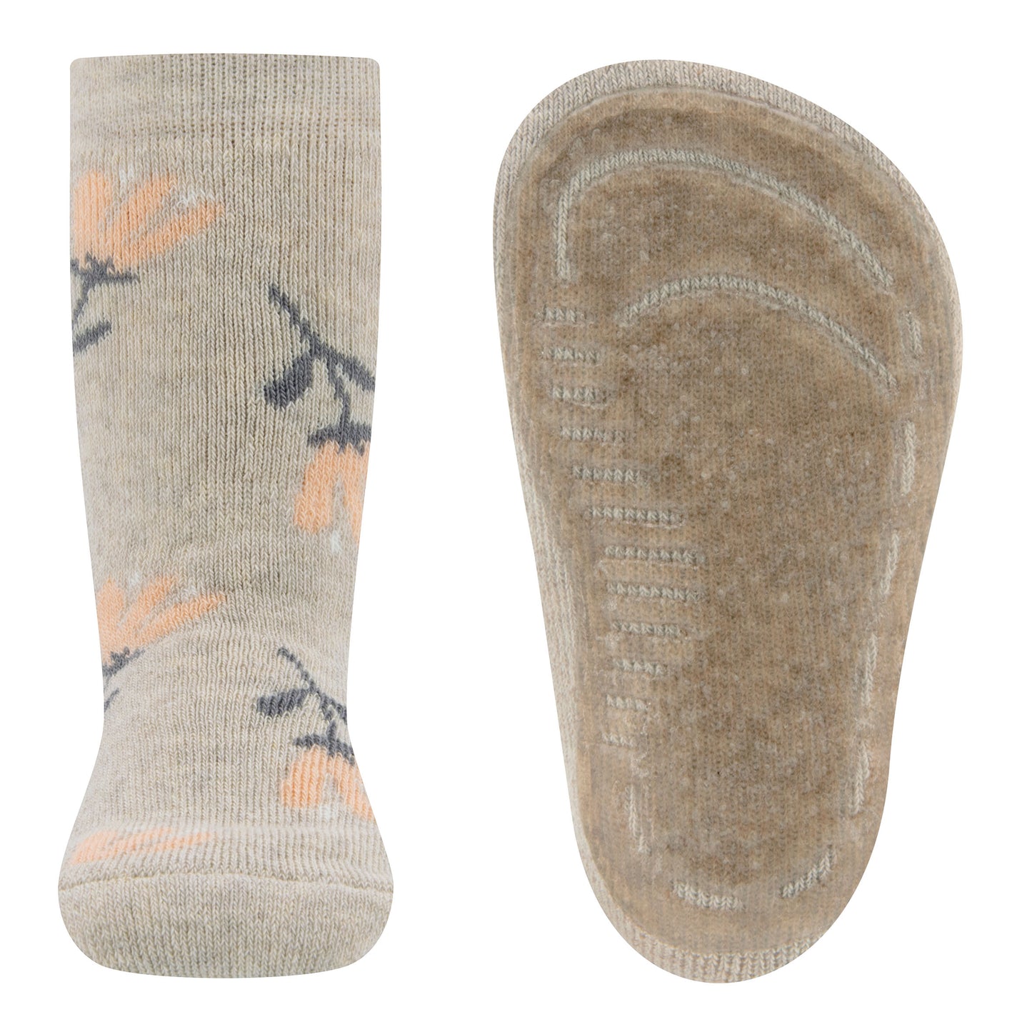 Ewers antislip sokken beige met zalmroze bloemen