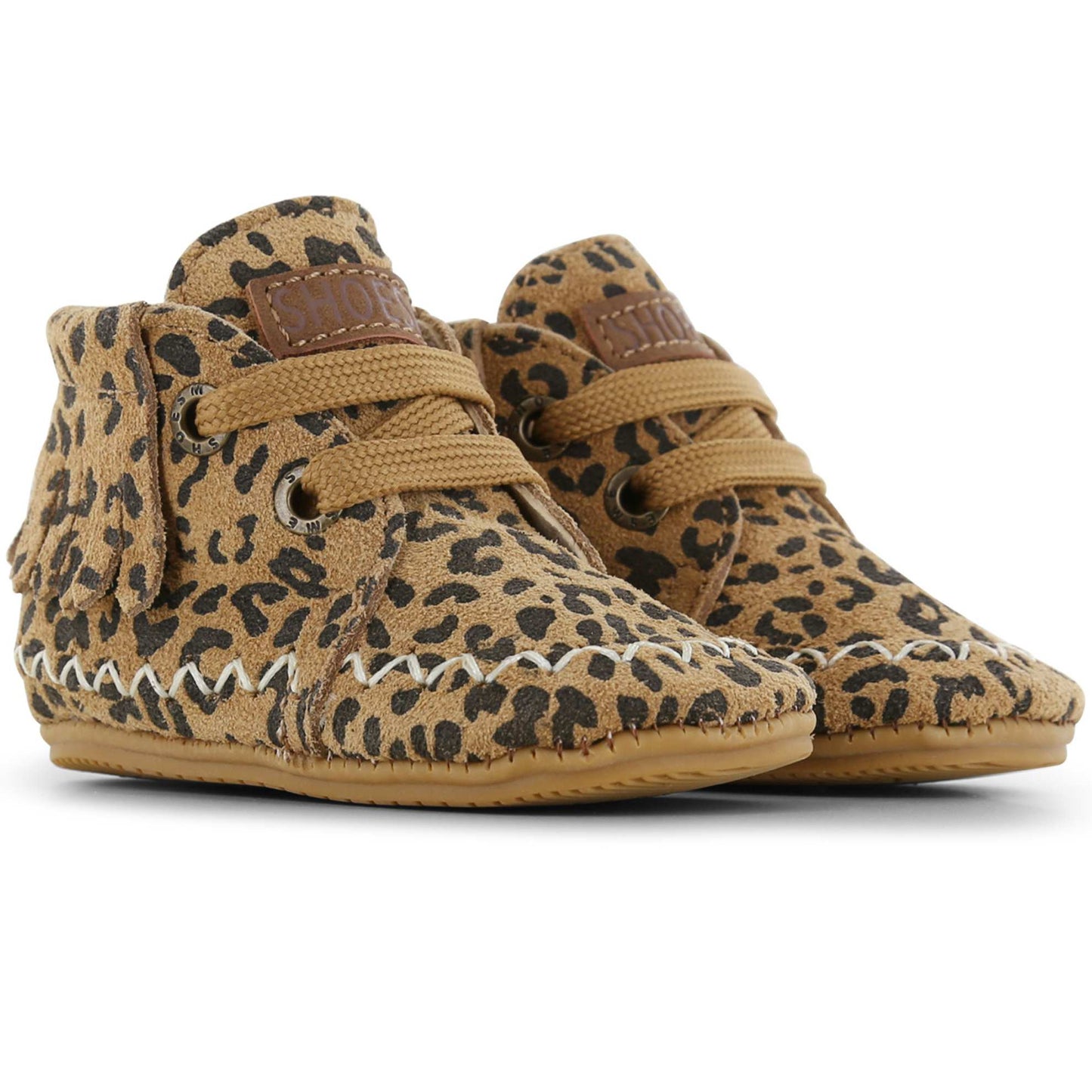 Shoesme BABY-PROOF Babyschoenen cognac panter idianen franjes